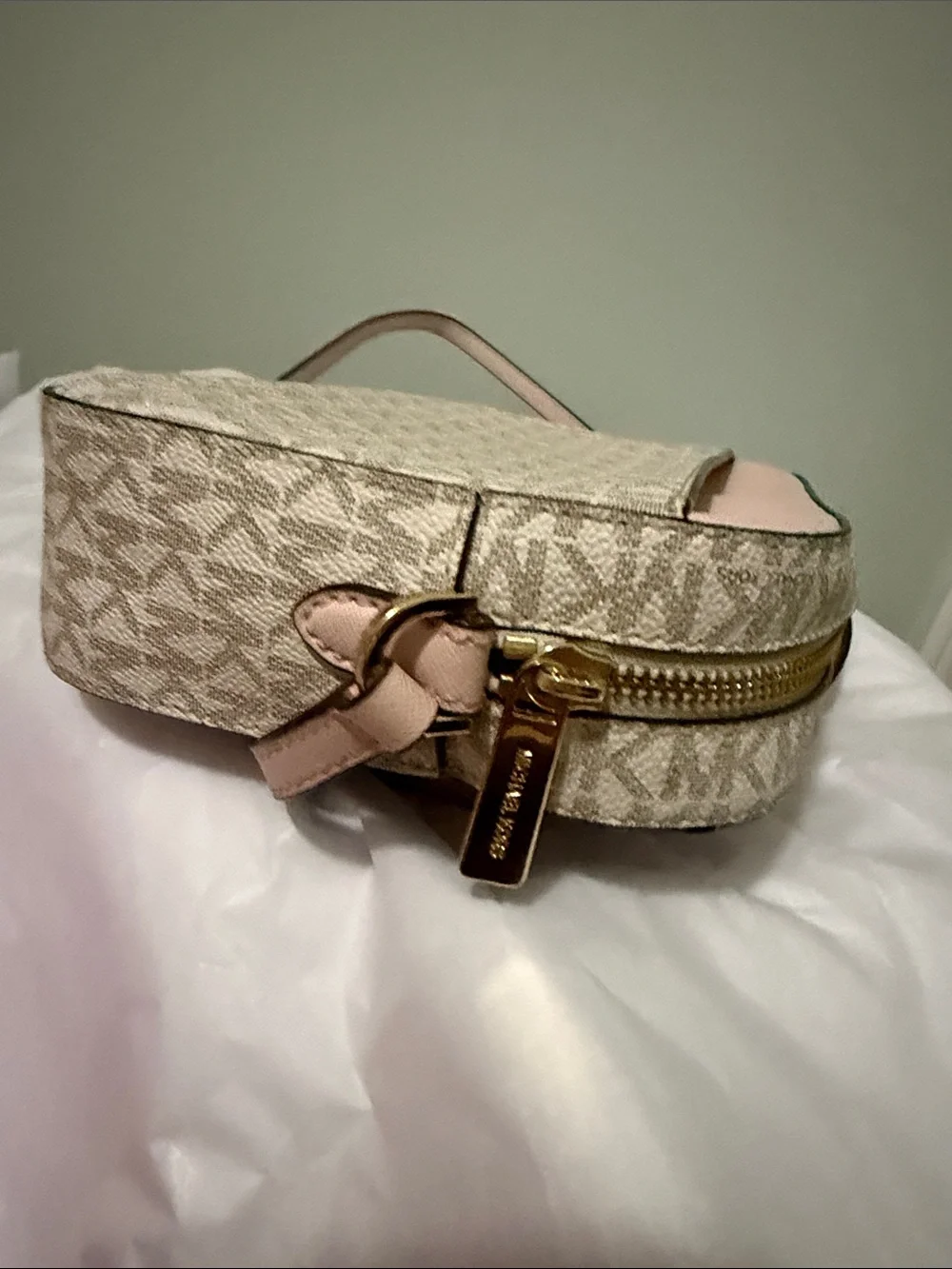 Michael Kors Light Pink MK Monogram Crossbody with Gold Chain
